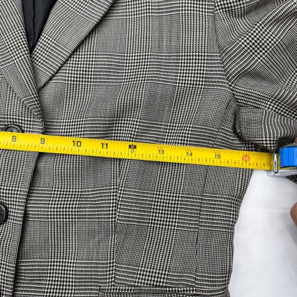 100% Wool Blazer Jacket Petite 4P 3-Button‎ Grey Glen Plaid Office Career